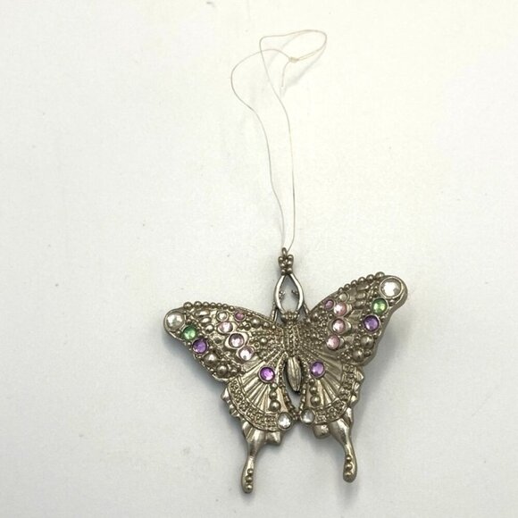 Butterfly Ornament Silver Toned Metal Green Purple Pink Clear Beads - Picture 2 of 3
